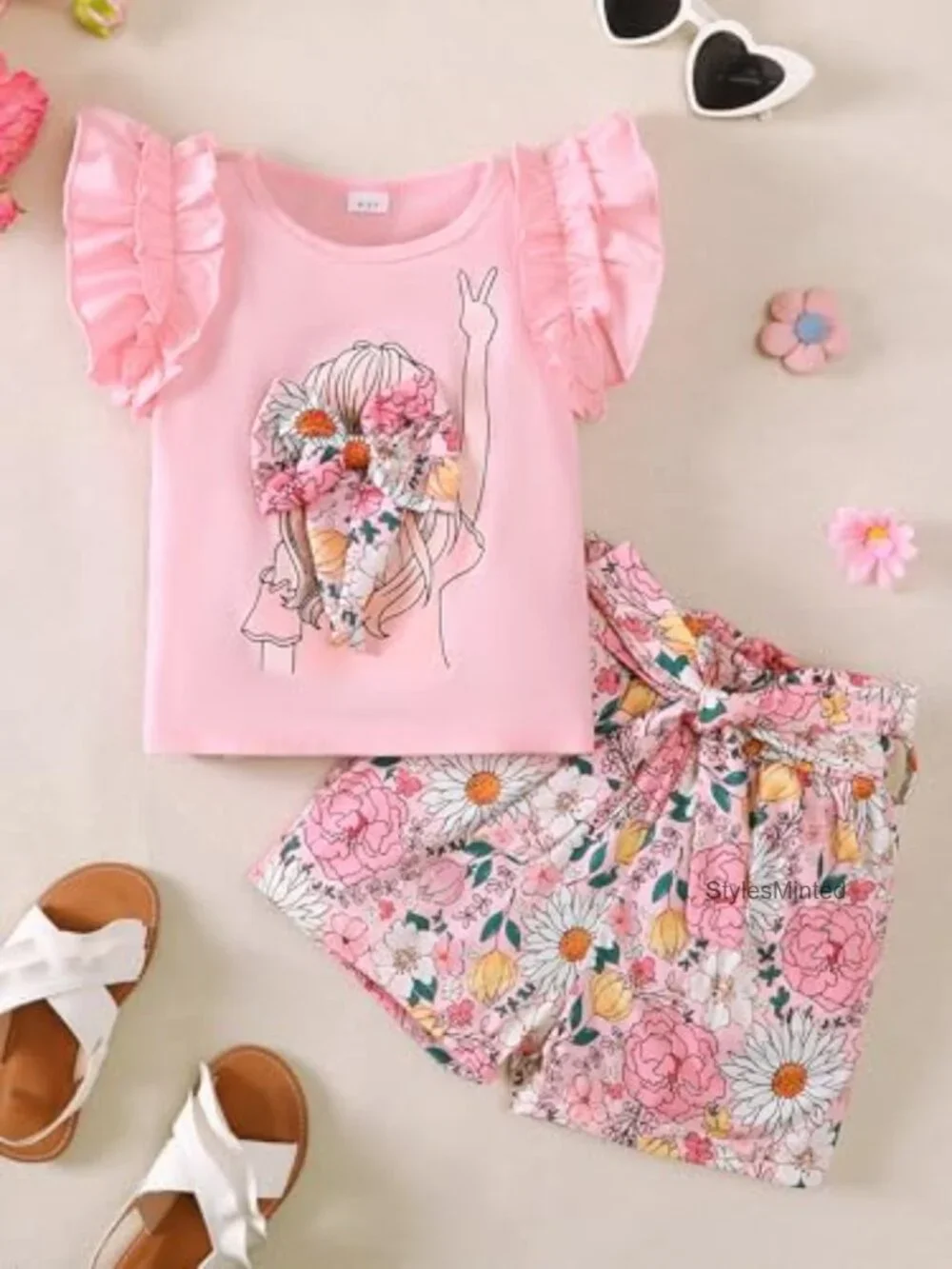 Girls 2 Piece Summer Outfit Ruffle Sleeve Top Paperbag Waist Shorts With Pockets